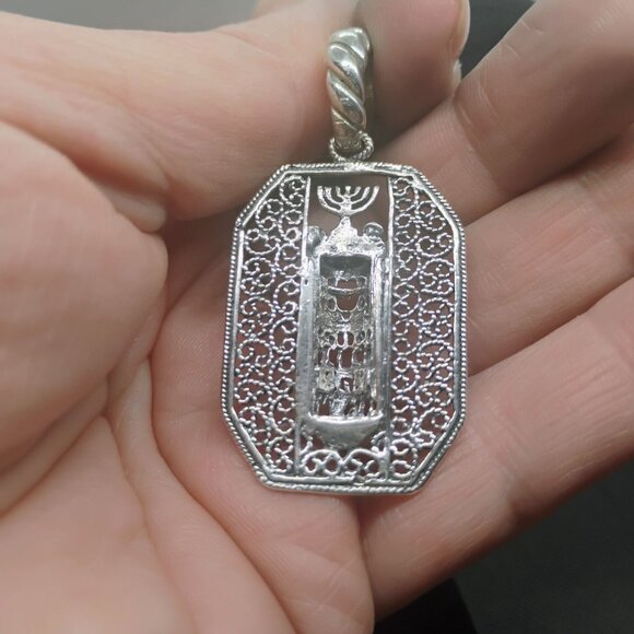 Sterling Silver Filigree Mezuzah Menorah Pendant Handmade Judaica Unisex - Picture 6 of 8